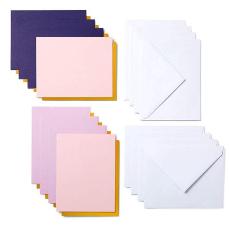 2008857 - Cricut Joy Cut Away Card Rain Sampler; 8 cards with adhesive (3 Twilight, 3 Lavender, 2 Tulip); 8 Gold Matte Holographic backers; 8 White envelopes; Dimensions: Cards 4.25 in x 5.5 in (10.8 cm x 14 cm), Backers 4.1 in x 5.3 in (10.4 cm x 13.6 cm), Envelopes 4.37 in x 5.75 in (11 cm x 14.6 cm); Create stunning custom cards in minutes; Easy to cut with specialized Cricut Joy™ Card Mat (sold separately)